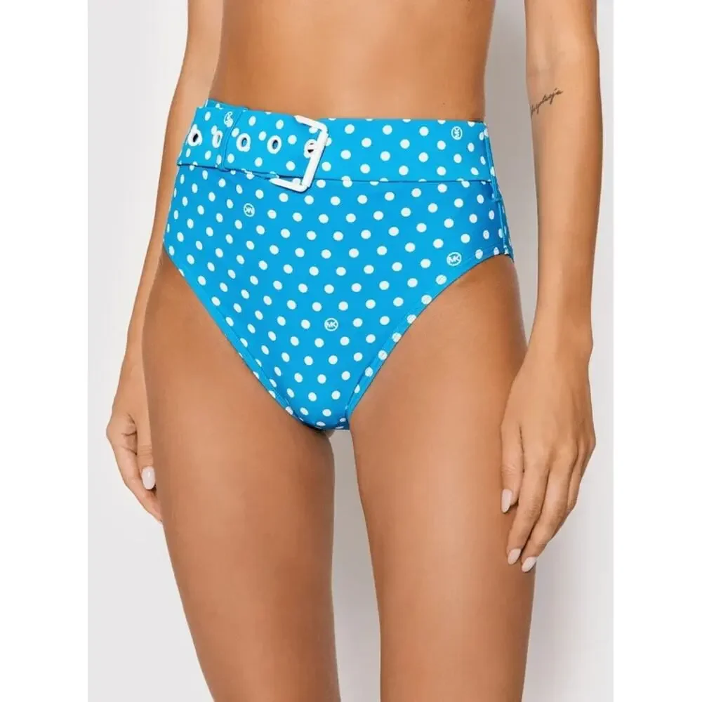 NWT Michael Kors Swim Bikini Bottoms Blue Polka Dot High-Waist Belted Size XS